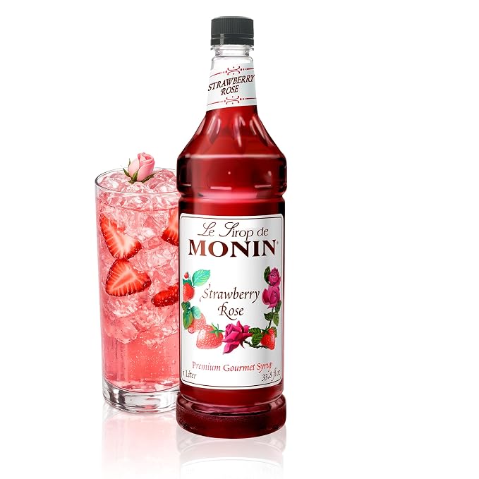Monin - Strawberry Rose Syrup, Strawberry Rose Flavoring, Flavored Syrup, Coffee Flavoring, Natural Flavoring, Great for Lattes, Teas, Lemonades, Cocktails, & More (1 Liter) by Monin