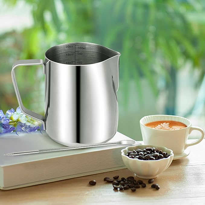Milk Frothing Pitcher,Milk Steaming Frother Cup,Barista Cappuccino Latte Art Milk Jug with Decorating Pen,Stainless Steel Espresso Coffee Bar Accessories Tools (Silver, 20oz)