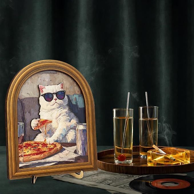 3D Funny Pizza Cat Wall Art Sign for Kitchen Decor, Cool Sunglasses Cat Portrait Decor, 8x10 Inch