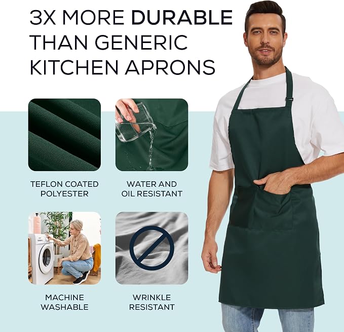 Will Well Kitchen 2 Pack Bib Apron For Men & Women with 2 Pockets - Green | Unisex 33'' x 27'' Oil & Water Resistant Soft Kitchen Chef Apron with Adjustable Neck Strap & 38'' Waist Ties for Snug Fit - Image 2