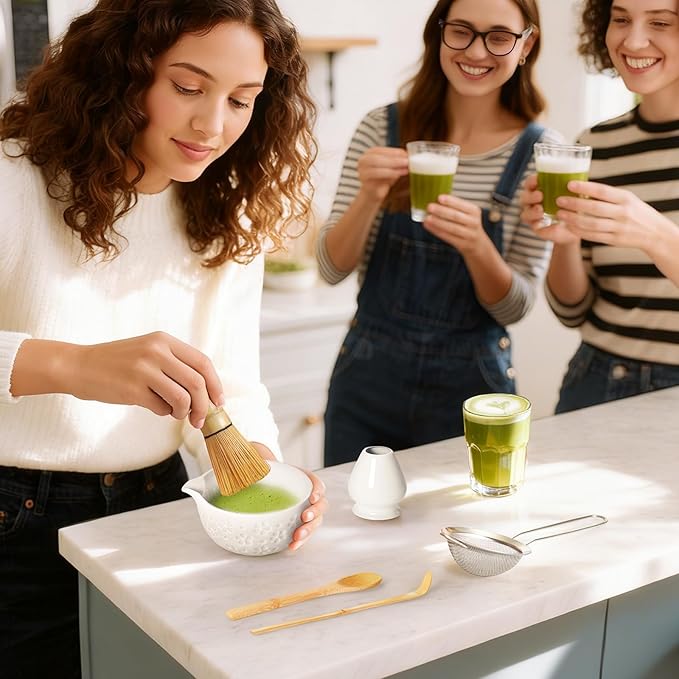 Matcha Whisk Tea Set Kit: Japanese Matcha Kit - Ceramic Bowl Bamboo Whisk Chasen Holder spoon Measuring Scoop Sifter - Traditional Practical for Tea Ceremony Breakfast Lattes - Home Kitchen Christmas