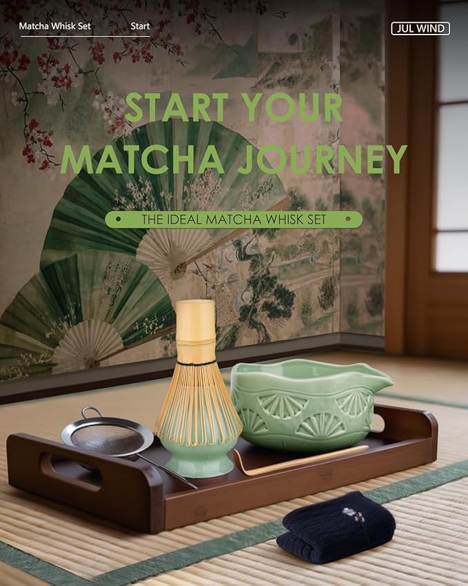 Matcha Whisk Set, Ceramic Matcha Set Includes Matcha Bowl with Spout, Matcha Whisk and Holder, Bamboo Scoop, Sifter and Tea Towel - 6 Pcs Matcha Kit Gift for Matcha Lovers (Green)