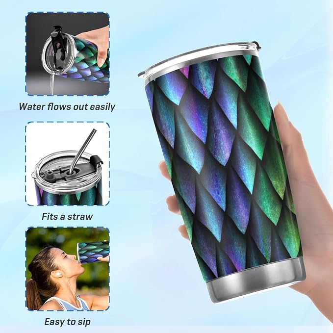 Tumbler Dragon Scales Dino Skin Insulated Office Coffee Cup Back to School Beverage Container Travel Mug with Straw and Lid Double Wall Stainless Steel 20oz
