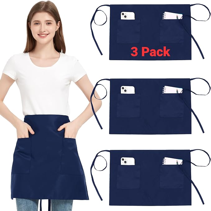 3 Pack Waist Apron with 3 Pockets, Unisex Black Waiter Aprons, Water Resistant Server Aprons for Restaurant Chef Bar by FunChaos