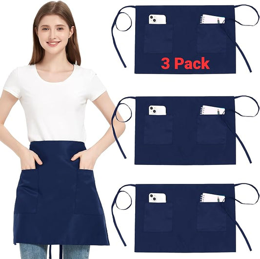 3 Pack Waist Apron with 3 Pockets, Unisex Black Waiter Aprons, Water Resistant Server Aprons for Restaurant Chef Bar by FunChaos