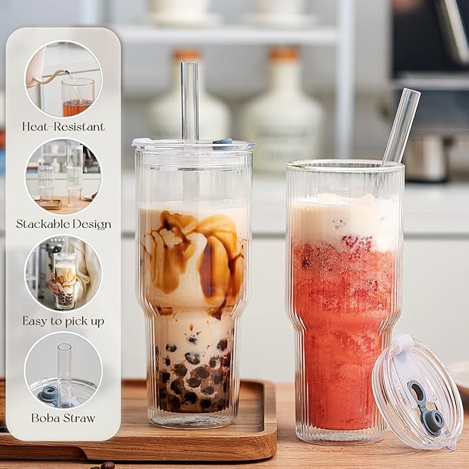 KEMORELA 28 oz Double Wall Glass Tumblers Set of 2, Extra-Wide 13mm Reusable Glass Drinking Straws, Boba Tumbler, Wide-Mouth Water Cups for Iced Coffee, Smoothies, Boba & Tea Lovers (Ribbed)