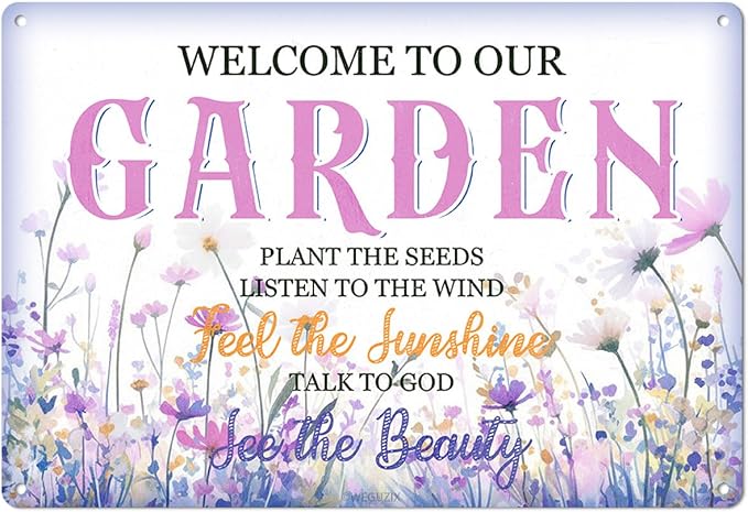 Welcome to our Garden Sign Garden Rules Art Print Poster Wall Decor Lavender Purple Vintage Metal Signs Outdoor Home Farmhouse 12x8 Inch Aluminium Hanging Plaque by WEGUZIX