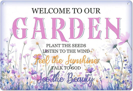 Welcome to our Garden Sign Garden Rules Art Print Poster Wall Decor Lavender Purple Vintage Metal Signs Outdoor Home Farmhouse 12x8 Inch Aluminium Hanging Plaque by WEGUZIX