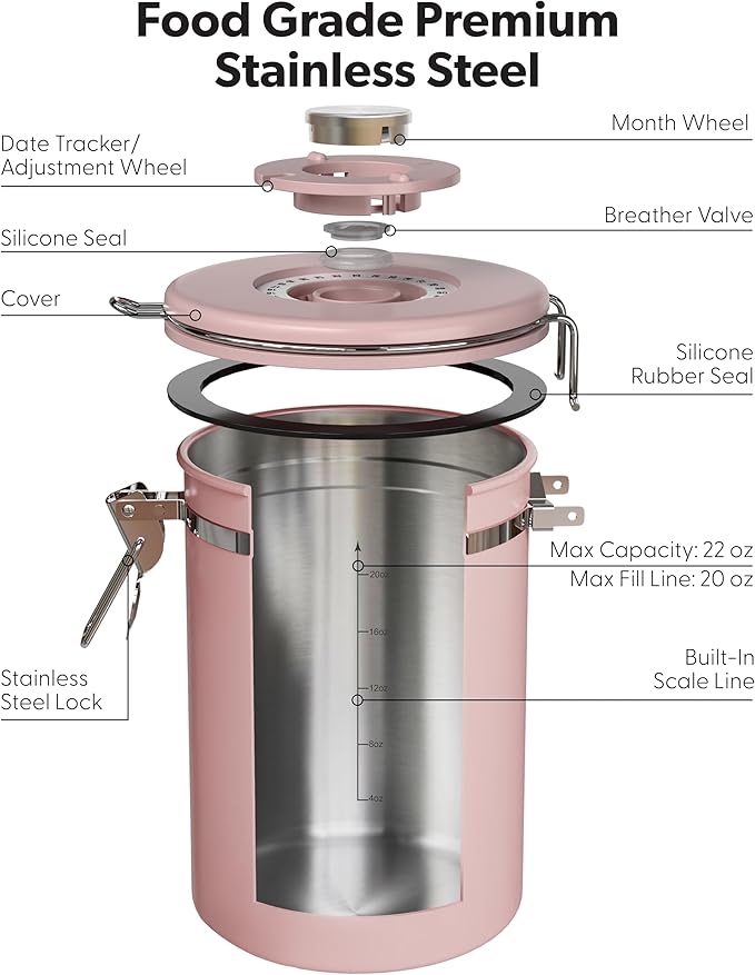 Veken Coffee Canister with Window, Easter Gifts Airtight Stainless Steel Container with Lids, Home Kitchen Food Storage Jars for Grounds, Beans, Tea, Flour, Cereal, Sugar, Basket, Scoop, 22OZ, Pink