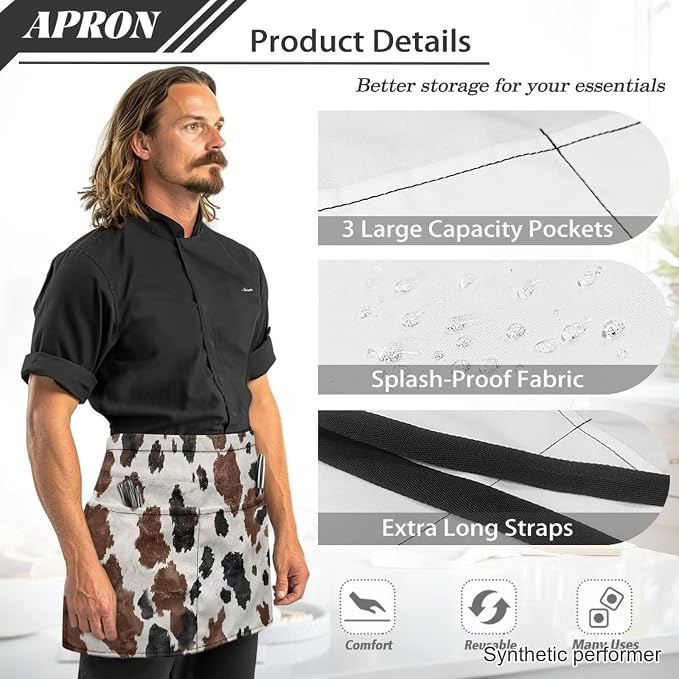 Waist Apron with 3 Pockets Waterproof 13 Inch Short Half Waist Aprons Women Men Server Aprons Waitress Waiter Apron - Image 6
