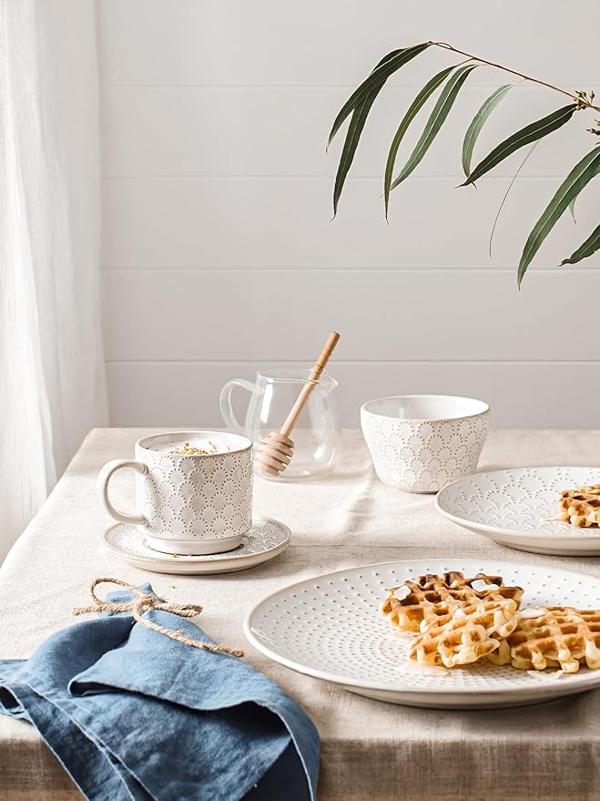 LE TAUCI Stackable Cappuccino Cups with Saucers and Stand, 8 oz Large Ceramic Coffee Cup Set for Café Au Lait, Latte, Tea Cup and Saucer Set of 4, Microwave & Oven Safe, Embossed, White