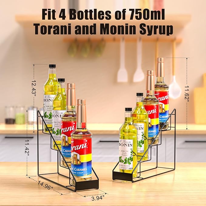 Coffee Syrup Rack for 4 Bottles (750ml), Tiered Coffee Syrup Organizer & Holder, Heavy-Duty Metal Syrup Rack, (4 bottles of black)
