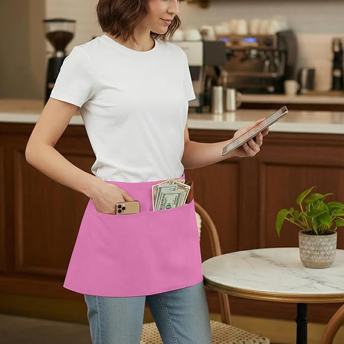 BOHARERS Pink Waitress Apron for Women with 3 Pockets - Durable Server Aprons for Restaurant Waterproof Oilproof