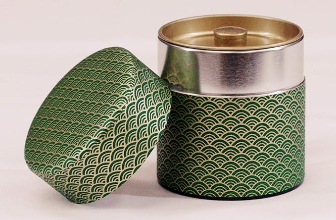 Washi Paper Tea Tin Canister: Wide 3.5oz (100g) Jade Waves with Gold Outlines (#92), Japan