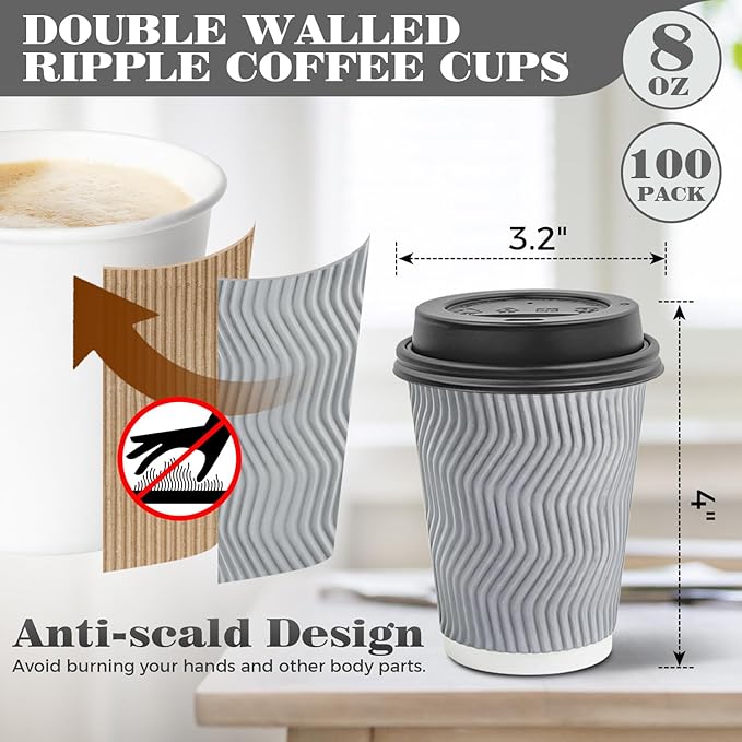 Ginkgo 100 Pack 8 oz Disposable Insulated Coffee Cups With Lids, Double-Walled Ripple To Go Paper Travel Cups for Hot Drinks - Gray