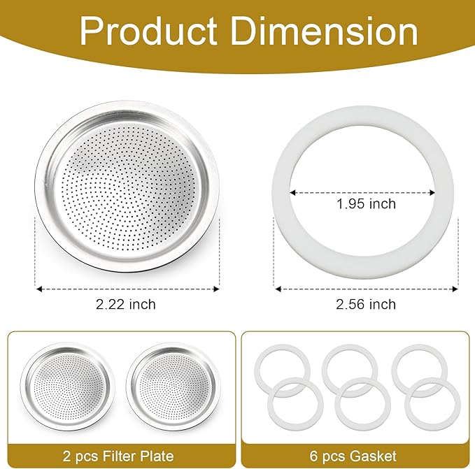 Moka Pot Spare Parts Replacement for Bialetti 3/4 Cups, Moka Pot 3 Cup Silicone Gasket and Food-grade Aluminum Filter Plate Compatible with Moka Express, Fiammetta Moka Pots, 6 Pcs Gasket and 2 Plate.
