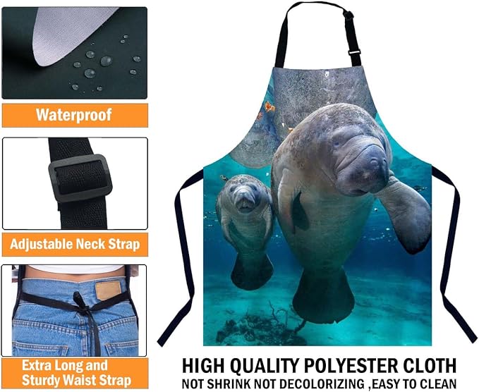 Florida Manatee Mother and Baby Apron for Women Men, Adjustable Apron Cooking Kitchen Chef Apron for Home Kitchen, Baking Gardening BBQ, Coffee House, Restaurant - Image 3