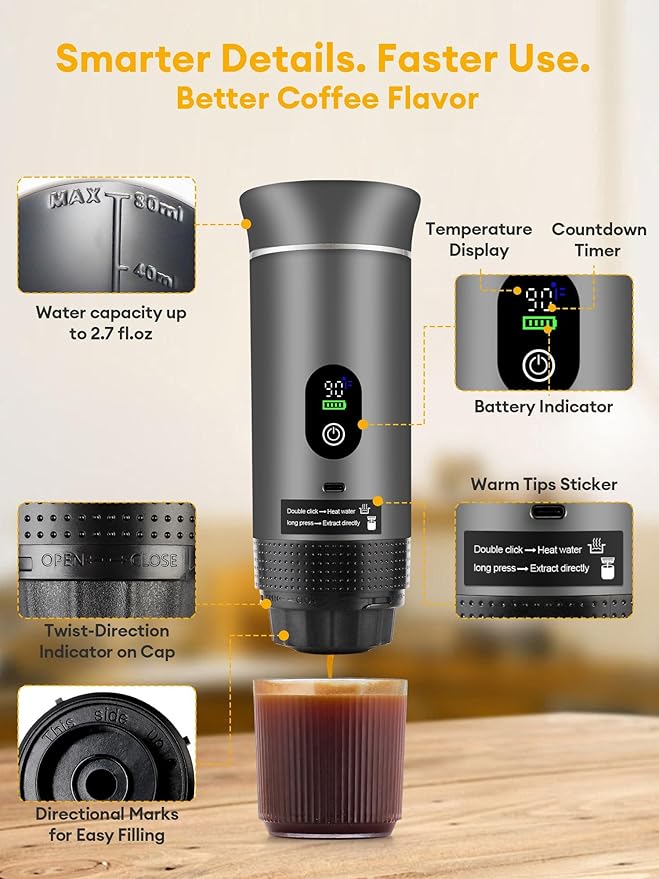 Upgraded 3 in1 Portable Espresso Machine with LED Display,20 Bar Pressure,Real-Time Temp&Battery Indicator,Portable Coffee Maker Compatible with Ground Coffee & Capsules, for Travel,Home & Office