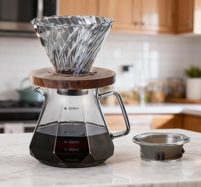 BeeCa Pour Over Coffee Maker Set, Smoked Glass 20oz/600ml All-in-One Dripper, Borosilicate Carafe with Handle & Lid, Includes 50 pcs paper filters (Size 02), for Home Café Restaurant and Camping
