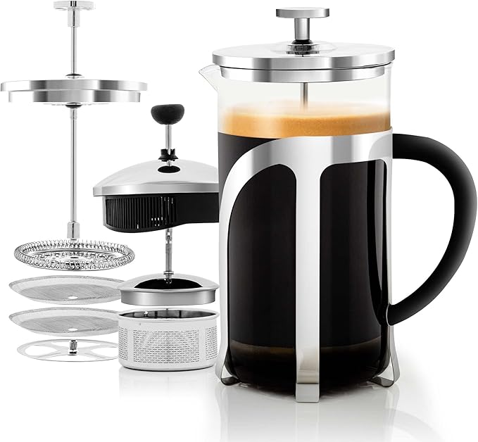 OVENTE French Press Coffee Maker, 34oz Heat Resistant Borosilicate Glass, BPA-Free Brewing Pot with 4-Level Filter System and Stainless Steel Plunger for Cold Brew Coffee, Tea and More, Clear FGC34T