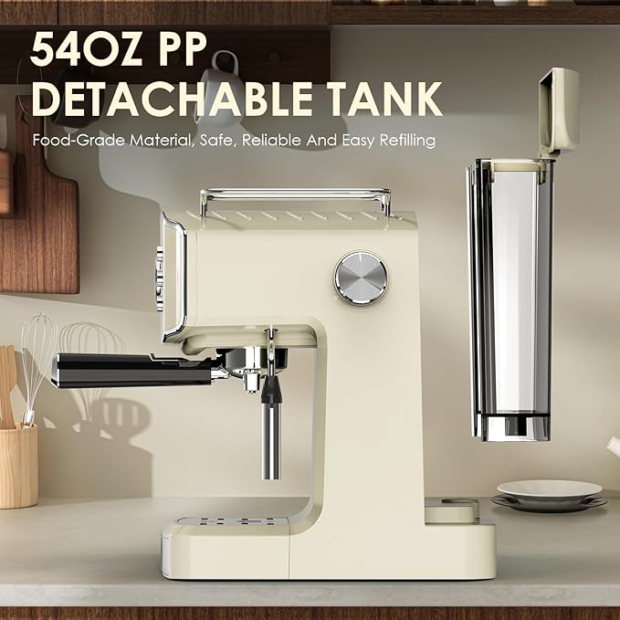 Retro-Style 20 Bar Espresso Machine with Milk Frother, ESE Pod Compatible Coffee Make with Pressure Gauge, 54 oz Food-Grade PP Removable Water Tank, Ideal for Home Barista,Beige