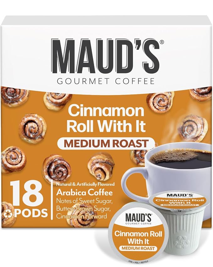 Maud's Cinnamon Roll Flavored Coffee Pods, 18 ct, Medium Roast Flavored Coffee in Single Serve Pods – 100% Arabica Beans, Compatible with Keurig K Cups Maker by MAUDSCOFFEETEA