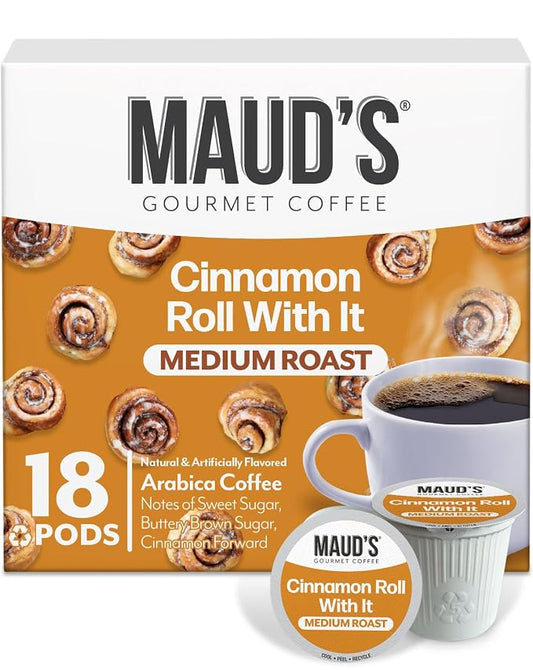 Maud's Cinnamon Roll Flavored Coffee Pods, 18 ct, Medium Roast Flavored Coffee in Single Serve Pods – 100% Arabica Beans, Compatible with Keurig K Cups Maker by MAUDSCOFFEETEA