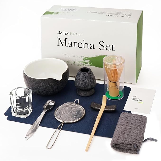 Matcha Whisk Set, 10-Pcs Matcha Kit Gift, Bamboo Whisk and Bowl with Spout & Measuring Spoon & Cup, Japanese Tea Making Tools, Charcoal Grey