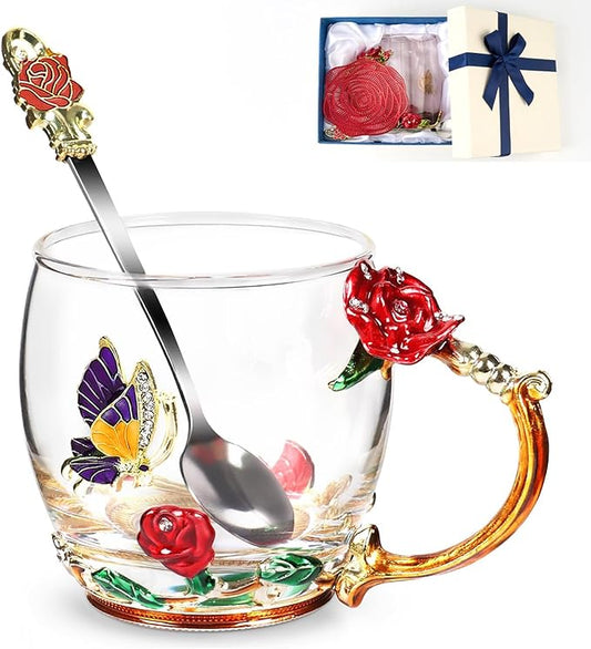 Flower Tea Cup ,Butterfly Rose Clear Glass Fancy Coffee Mug with Spoon,Gift Box for Her Mom Wife Grandma Girls Friends Valentines Christmas Birthday Present Idea for Juice,Hot And Cold Drinks Use