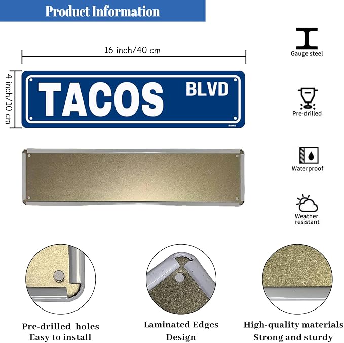 Tacos BLVD Sign Novelty Street Metal Tin Signs Road Sign for Cafes Bar Pub Beer Club Wall Home Decor 16X4 Inches - Image 2