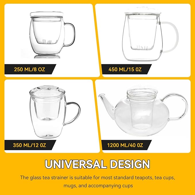 Glass Tea Infuser with Dual-Purpose Lid/Coaster for Teabloom, Glass Tea Strainers for Loose Tea-leaves, Universal Steeper for Teapots, Mug, Bottle, Cup, Travel Tumblersm Microwave & Dishwasher Safe