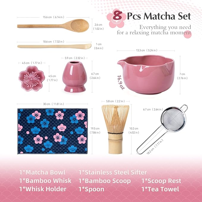 Matcha Set, 8Pcs Floral Ceramic Matcha Kit with Matcha Whisk, Holder, Scoop, Scoop Rest, Sifter, Spoon and Tea Towel - Thoughtful Matcha Whisk Set Gift for Matcha Lovers (Pink)