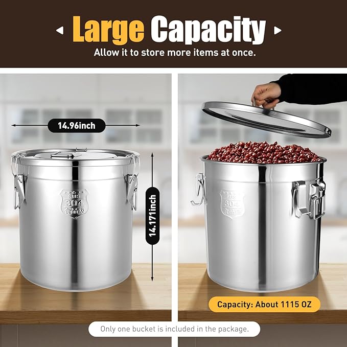 304 Stainless Steel Airtight Canister, Kitchen Metal Food Storage Canisters w/Airtight Lid & Locking Clamp, Cereal Container for Rice Flour Milk Coffee Bean, Silver (33L)