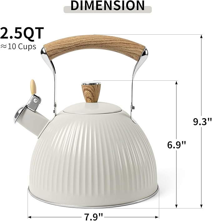 LONFFERY Tea Kettle for Stove Top, 2.5 Quart Whistling Tea Kettle, Stainless Steel and Wood Pattern Folding Handle, Creamy White