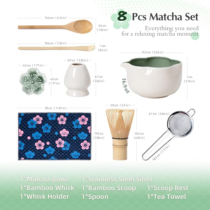 Matcha Set, 8Pcs Floral Ceramic Matcha Kit with Matcha Whisk, Holder, Scoop, Scoop Rest, Sifter, Spoon and Tea Towel - Thoughtful Matcha Whisk Set Gift for Matcha Lovers (Beige & Green)