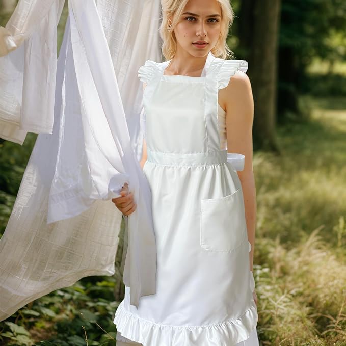 White Maid Apron for Women Cotton Waist Half Maid Costume Victorian Retro Ruffled Kitchen Cute Vintage Party Cosplay - Image 4