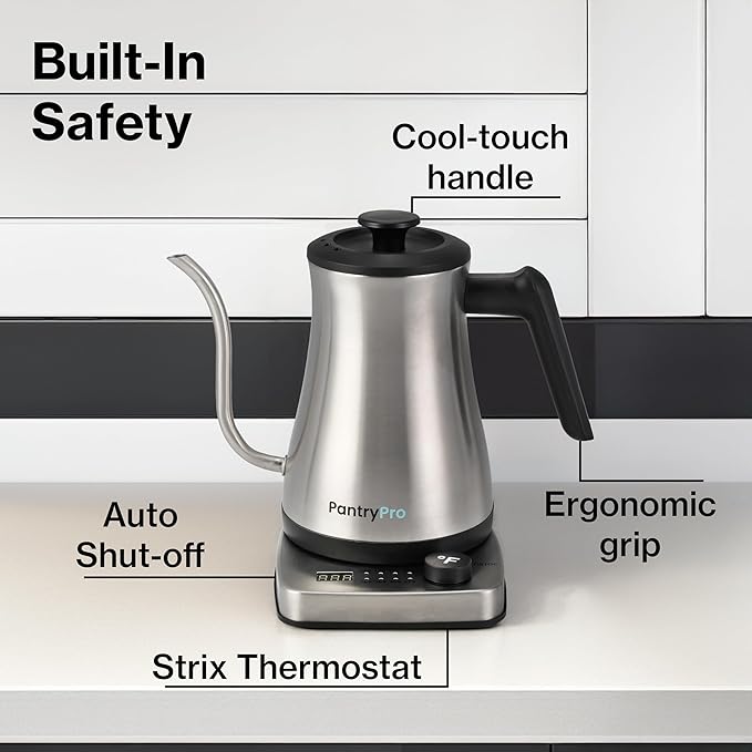 PantryPro Gooseneck Electric Kettle with Temperature Control, 34oz/1.0L Rapid Boil, Stainless Steel Interior, Auto Shut-Off, 1500W, Boil-Dry Protection, LED Indicator - Steel