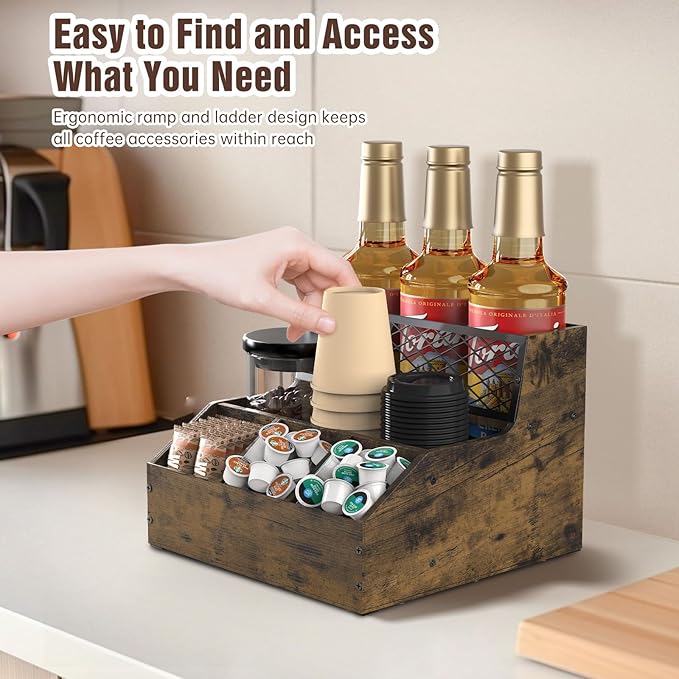 Coffee Station Organizer for Countertop, Wood Coffee Bar Organizer, Tea Condiment Storage for Pods, Syrup, Cups, Stirrer, Tea, Kitche Office Countertop, Brown