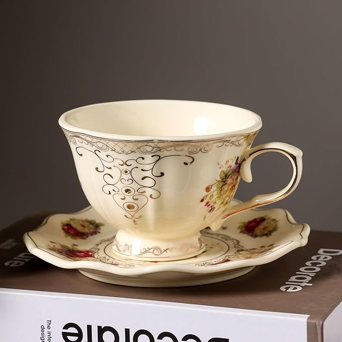 8 oz Vintage flower Ceramic cup and 6" saucer set with Brand customized stainless steel spoon Gifts for Afternoon Tea Coffee Hour (F)
