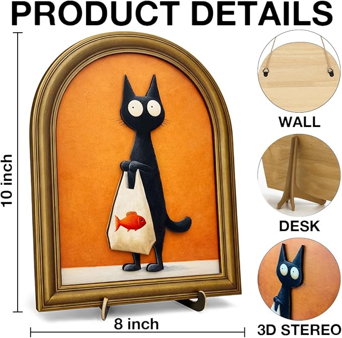 3D Cute Black Cat Table Decor Sign, Funny Cat and Fish Wall Art Sign for Home Living Room Dining Room Table Wall Desk Decor 8x10 Inch