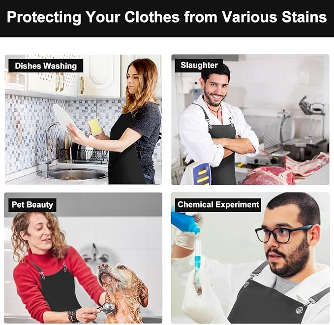 SHEOMERN 2 Pack Waterproof Rubber Apron, 48" XL Anti-Tear Heavy Duty Vinyl Adjustable Thicker Cross Back for Restaurant Dishwashing, Butcher, Lab Work, Dog Grooming - Black