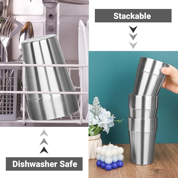 Double Wall Cup Stainless Steel, 16 oz Insulated Tumbler, 8 Pack Unbreakable Stackable Water Tumblers Insulated Metal Cup Premium Drinking Glasses for Travel Camping Home Outdoor