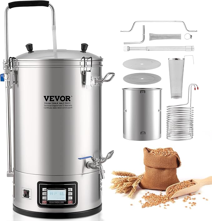 VEVOR Electric Brewing System, 9.2 Gal/35 L Brewing Pot, All-in-One Home Beer Brewer w/Pump, Mash Boil Device w/Panel, Auto/Manual Mode 100-1800W Power 25-100℃ Temp 1-180 min Timer Recipe Memory