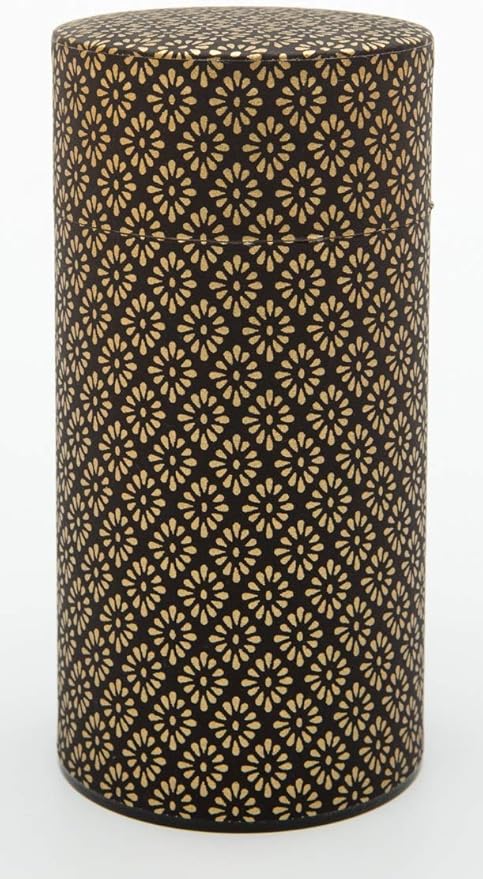 Washi Paper Tea Tin Canister: Long 7oz (200g) Black and Gold Chrysanthemum Indicum (#74), Japan