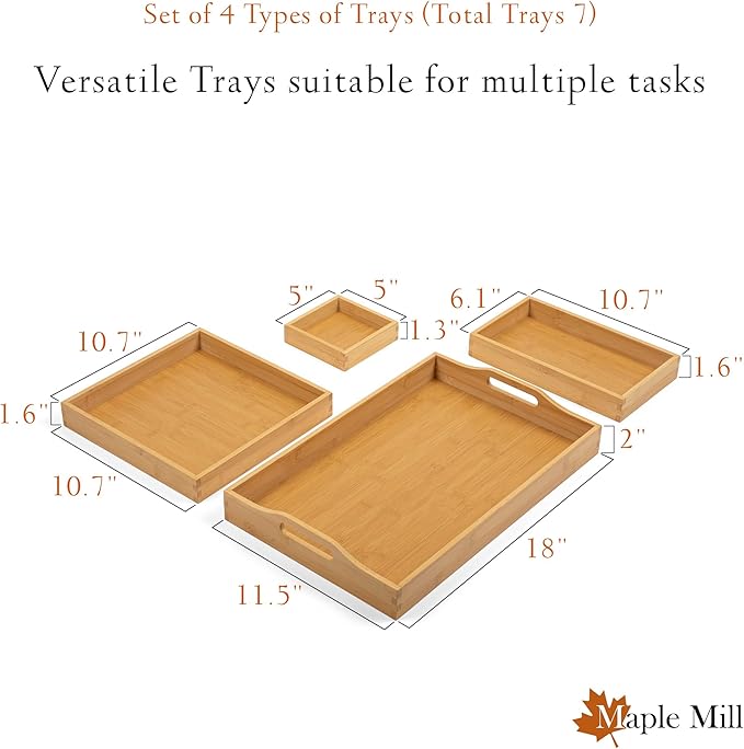 Wooden Tray with Handle - Set of 7 Bamboo Trays for Serving Food - for Breakfast in Bedroom, at Dinner or Coffee Table - Decorative Bamboo Tray