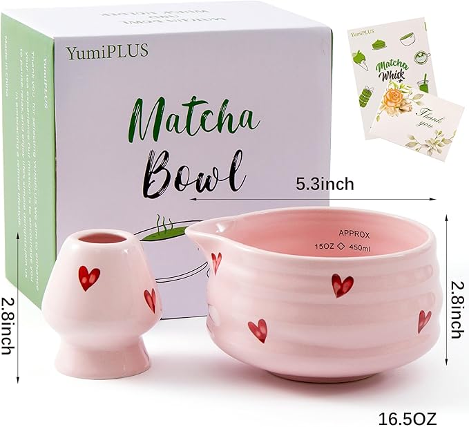 2pcs Matcha Bowl with Whisk Holder, Ceramic Pink Matcha Bowl with Spout, 16.5OZ Porcelain Bowl with Measurement Marks, Tea Mixing Bowl with Whisk Stand, Cute Valentine Gift (pink love)