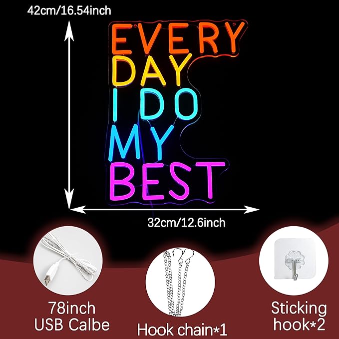 Every Day I Do My Best Neon Sign Usb Powered Multi-colored Light Up Sign for Wall Decor 16.54’’*12.6’’ Dimmable Motivational Led Sign Letter Neon Light for Bedroom Gym Study Office Classroom