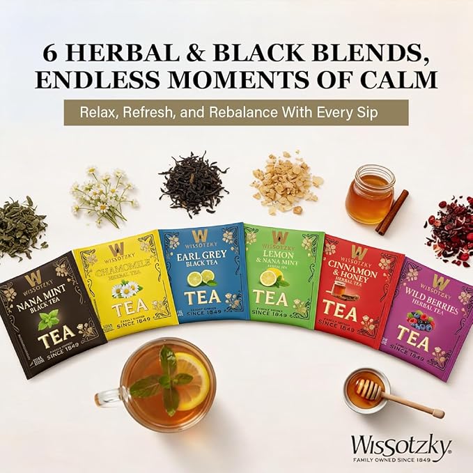 Wissotzky Artisanal Tea Chest Box, Assorted Flavors of Black & Herbal Tea Bags (42 Tea Bags) 6 Flavors | Tea Sampler Variety Pack | Tea Gift Set | Individually Wrapped | Corporate & Holiday Gifts | Certified Kosher