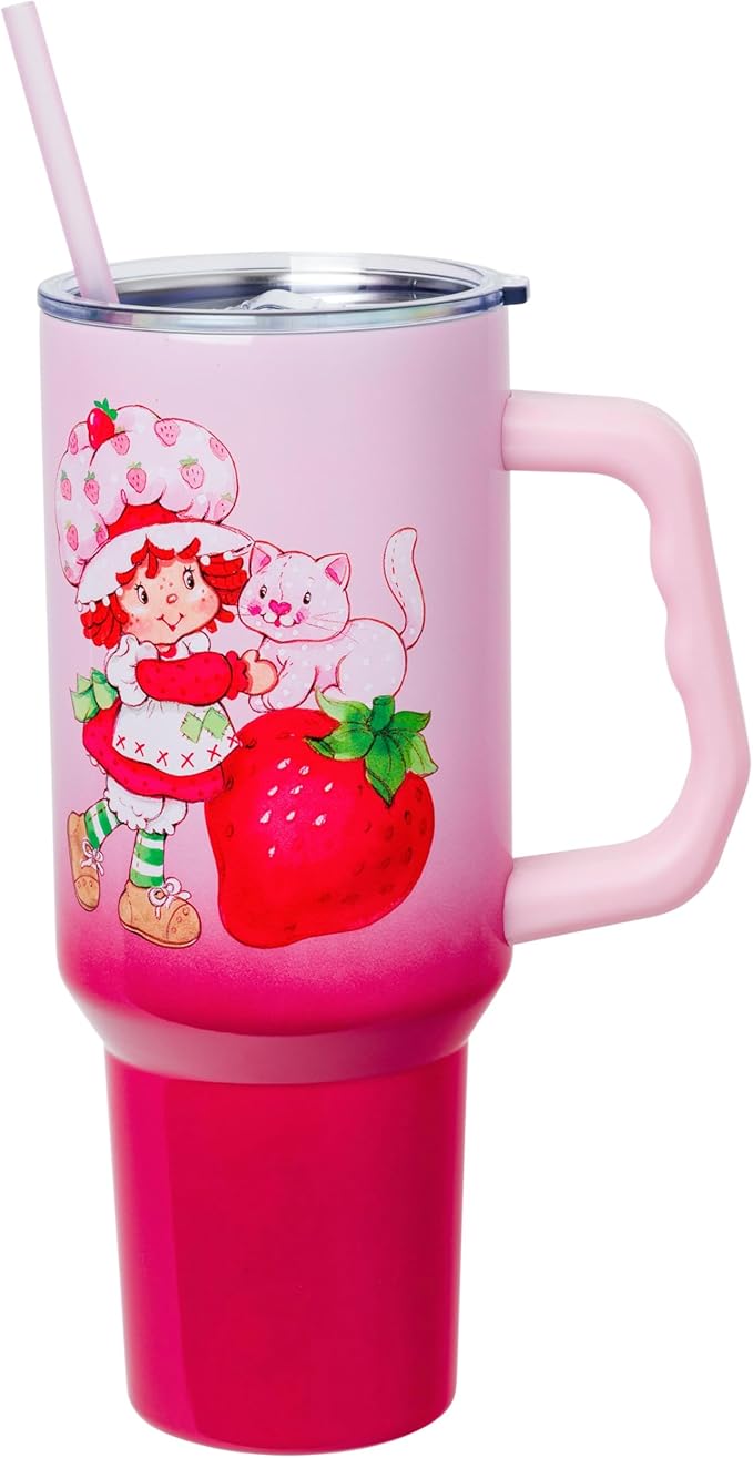 Silver Buffalo Strawberry Shortcake and Custard Vintage Berry Ombre Double Walled Stainless Steel Tumbler with Handle and Straw, Fits in Standard Cup Holder, 40 Ounces