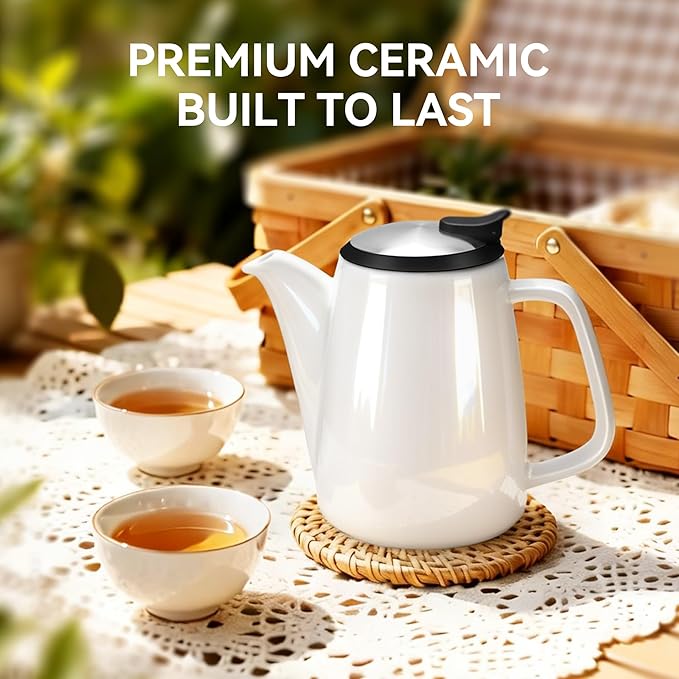 Ceramic Teapot with Infuser, 32 oz Loose Leaf Tea Pot Ceramic with Removable Stainless Steel Infuser, Mess-Free Loose Tea Diffusers, Ideal for Tea Steeper (White)